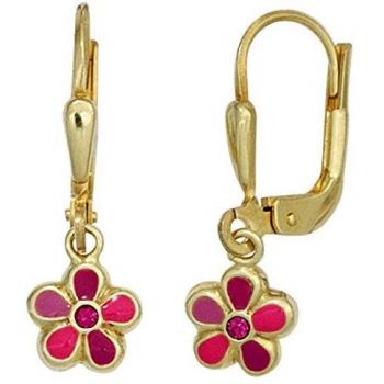 Kinder Ohrhänger Blume Rot 333 Gold Gelbgold
