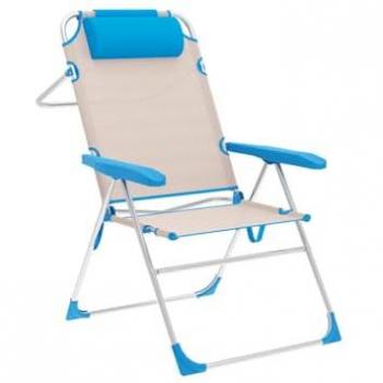 Marbueno silla plegable 5 posiciones aluminio con cojin beige/azul playa y piscina 67x66x99 cm 10174