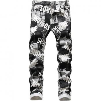 Men's Letter Print Slim Stretch Denim Trousers