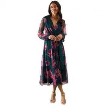 Wallis Floral Spot Mesh Satin Tie Midi Dress – Teal, Size 12
