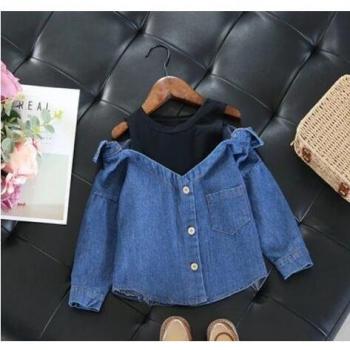 T-shirt à manches longues en denim pour écolières, 2-7 ans