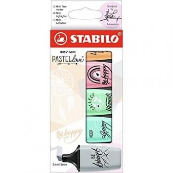 STABILO Textmarker BOSS® MINI Pastellove Grau/Rouge/Türkis/Orange/Fuchsie/Minzgrün 5er Set