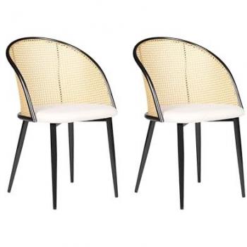 Set of 2 Retro Beige Fabric Accent Chairs with Black Metal Frame and Viennese Braid Backrest