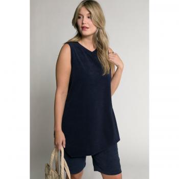 Top blu svasato in spugna, scollo a V, orlo a punte, donna, taglia 48/50, cotone