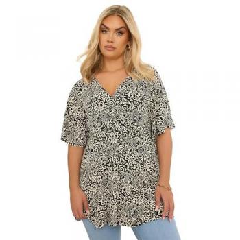 Size 18 Black Leaf-Pattern Wrap Top for Women