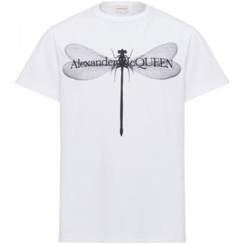 White Men's Cotton T-Shirt by Alexander McQueen with Small Size and Dragonfly Print
