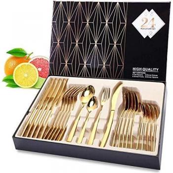 Elegant Life 24-Piece Gold Flatware Set, Stainless Steel Cutlery Set, Mirror Polished Tableware Set, Multipurpose Use for Home and Kitchen for 6, Gift Box
