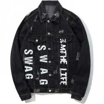 Abrigo Vaquero de Cuero Denim con Bordado Hip Hop HW340