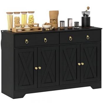 HOMCOM Buffet à croix – 2 placards + 2 tiroirs – Façades bois naturel – Noir avec anneaux dorés