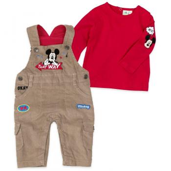 Disney Baby Set rotes Shirt + braune Latzhose Jungen | Mickey Mouse Design | 2-teiliges Babyset für Neugeborene & Kleinkinder | Größe: 3-6 Monate
