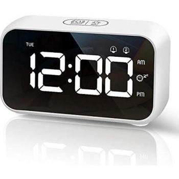 Miroir-reveil HOMVILLA LED, double alarme, fonction Snooze, USB 12/24h