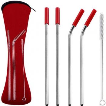 Set of 6 Reusable Stainless Steel Straws with Silicone Tips