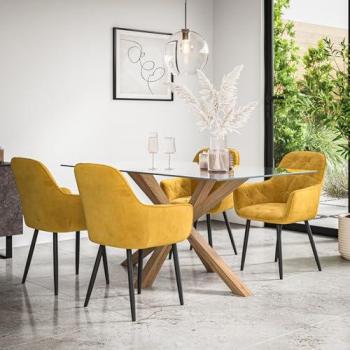Etta Oak‑Leg Glass Top Dining Table with Velvet Chair Collection