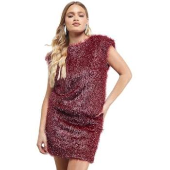 Warehouse Women's Fluffy Tinsel Dress – Dark Red Mini with Drop Waist
