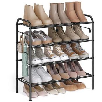 SONGMICS Ink Black 4-Tier Shoe Rack with Hooks, Holds 16 Pairs (28 x 68 x 70 cm)