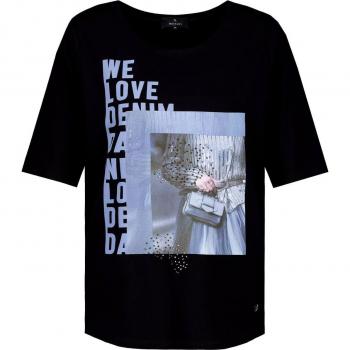 Monari Damen T-Shirt mit schwarzem Glitzer und blauem Druck Größe 44