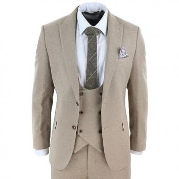 TruClothing Beigefarbener Hochzeitssuit – Dreiteiler Tweed Eiche, Herren 36
