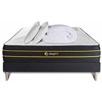 Matelas Confort Équilibré 160x200 + sommier Noir + Couette + 2 oreillers