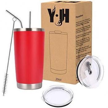 Y·J&H Insulated Double Wall Travel Mug, 2 Lids & Straws Included