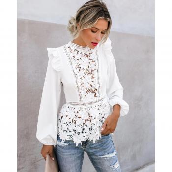 Camisa de encaje con diseño floral para mujer, manga larga, color blanco, S-XL
