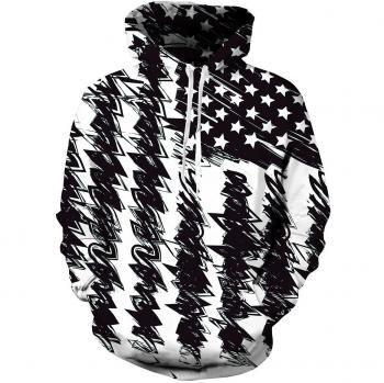 USA Flagge 3D Print Hoodie – Schwarz, Langarm, Kapuzenpullover, Fleece‑gefüttert, M
