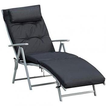 Outsunny Chaise Longue Pliable Bain de Soleil Transat Dossier Inclinable 7 Positions avec Têtière Amovible Repose-Pied Charge Max 165 Kg Noir