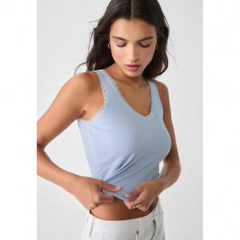 Blusa Stradivarius scollo a V con dettagli di pizzo Celeste XS