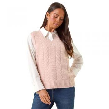 Roman Lightweight Light Pink V-Neck Cable Knit Sleeveless Vest, Petite (8)
