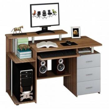 Stella Büro-Tisch Nussbaum/Weiß – Office 673953 Computerarbeitsplatz mit Monitorständer, Schubladen und Tastaturschublade