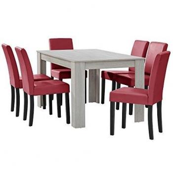 Table d’alimentation en bois de chêne blanc, six chaises rouge foncé, coussinés cuir synthétique 140x90
