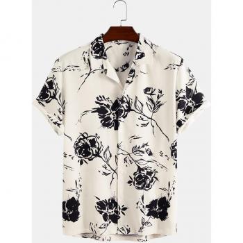 Camisa vintage de hombre con estampado de rosa blanca y dragón, manga corta, S-3XL
