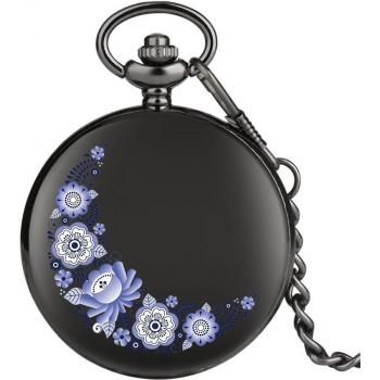Purple Floral Pocket Watch with Chain