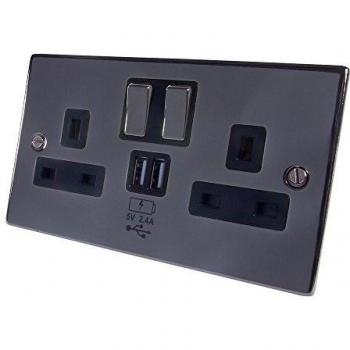 UK Dual Power Socket + USB Charge Plate – 2.4A – Black Nickel