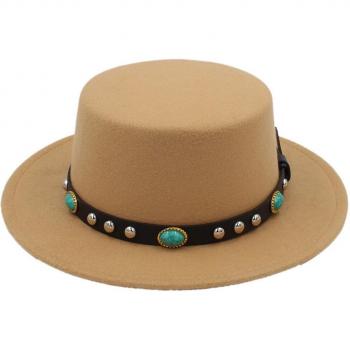 Chapeau unisexe en laine, large bord, rivets turquoises, ceinture en cuir, taille 56-58cm