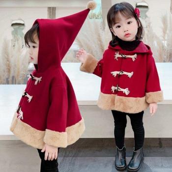 Winter Red Wool Coat for Girls with Fur Hood (Korean Design)