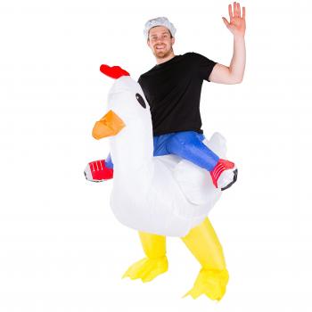 Costume a cavallo da gallina gonfiabile con elmo per gli adulti