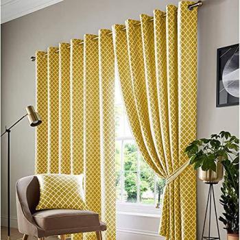 Wold Eyelet Ring‑Top Curtain Set – Ochre/White, 117 cm × 228 cm