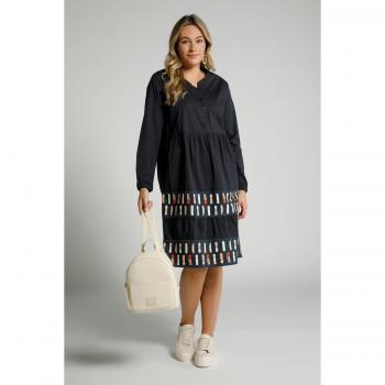 Abito svasato in cotone con scollo a girocollo e maniche lunghe, Donna, Blu, Taglia 56/58, Ulla Popken