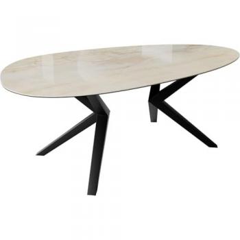 Esstisch Edge Oval 220×120 cm – Keramik Iris FMG Onice Oro, Zenthara‑Kantierung, metallisch schwarz