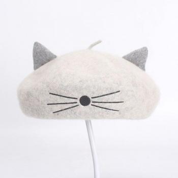 Women's Cat Ear Wool Beret with Embroidery