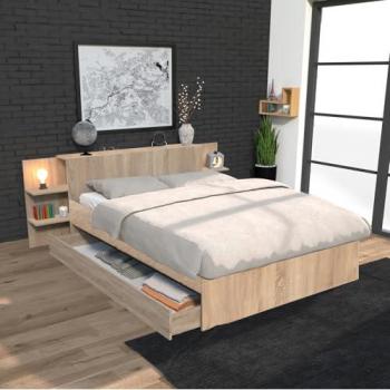 Lit Double LeQuaidEssaffaires City 140x190 – Rangement à tiroirs – Bois Blanchi