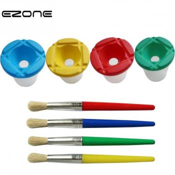EZONE 4PCS Bristle Brushes with Washing Bucket for Kids Painting