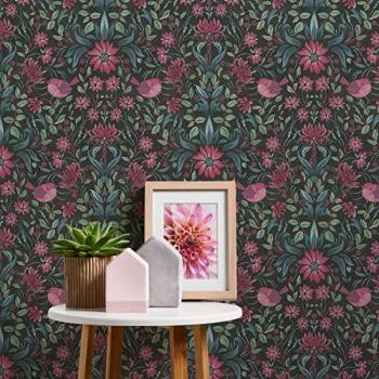 A.S. Création Vliestapete Blumen Ornamente Landhausstil Schwarz Rosa Grün 39075-1