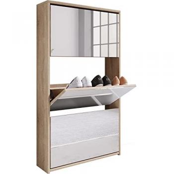 Schuhschrank Stido XL aus Holz mit Spiegel in Honig-Eiche
