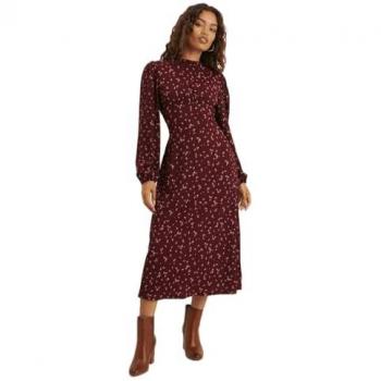Womens Petite Berry Ditsy Frill Neck Midi Dress