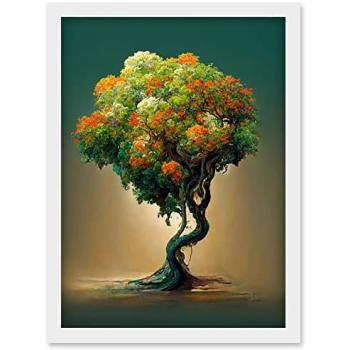 A4 Framed Bonsai Artwork: Ethereal Green & Orange Design