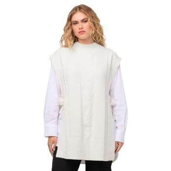 Ulla Popken ärmelloser Pullunder mit Zopfmuster und Bindeband, beige, Größe 54/56