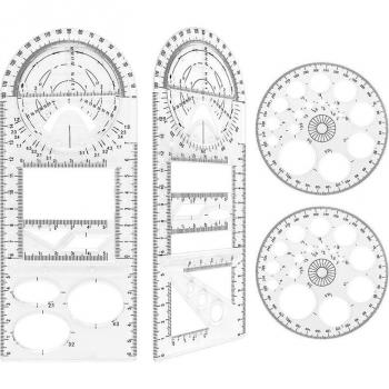 Geometric Ruler Kit (4 Pieces) with Dual Scale Rulers and 2 Circular Templates