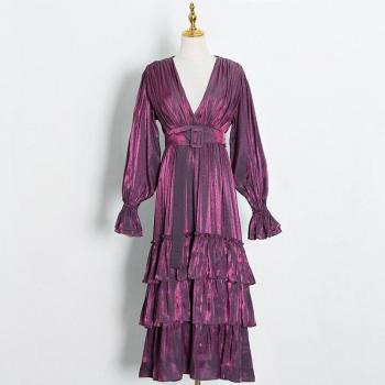 Elegant V Neck Ruffle Dress with Sashes