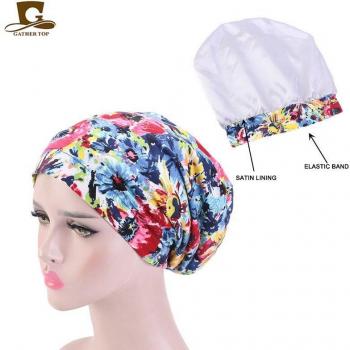 Ladies Cotton Sleep Hat with Floral Print and Satin Lining